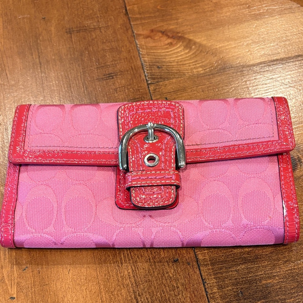 Coach Pink and Red Signature Canvas Buckle Wallet